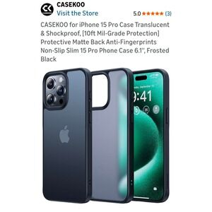 CASEKOO iPhone 15 Pro Case Translucent Frosted Black Slim Drop Protection
